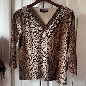 Jones New York Leopard Print V-Neck 3/4 Sleeve Top - Brown/Tan